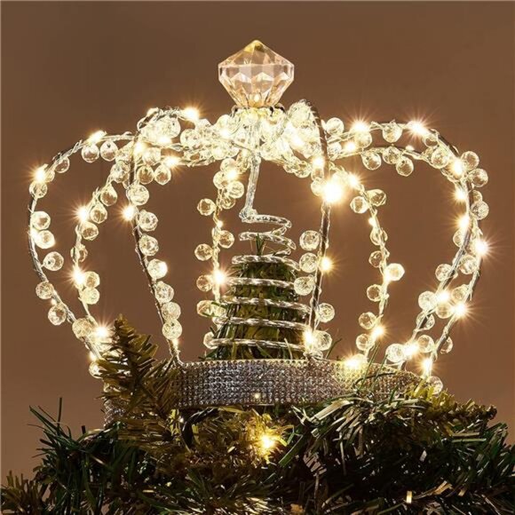 Christmas Jeweled Crown Tree Topper, Light up with 60 Warm White Lights